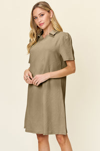 Double Take Solid Color Textured Collared Short Sleeve Dress