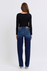 Judy Blue Raw Hem Dark Blue Denim Straight Leg Jeans