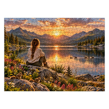 Carica l'immagine nel visualizzatore di Gallery, REFLECTIONS 500 piece wooden jigsaw puzzle featuring a woman with a braid sitting on a rock overlooking a glowing mountain lake with wildflowers, ducks, and chipmunks.
