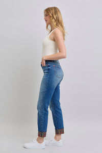 Judy Blue Plaid Cuffed Blue Denim Straight Leg Jeans