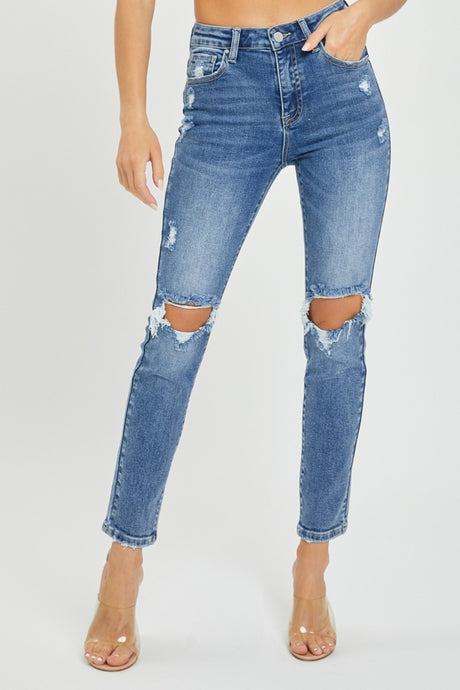 Risen High Rise Knee Distressed Skinny Blue Denim Jeans