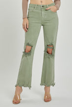 Load image into Gallery viewer, RISEN Distressed Chewed Raw Hem Flared Leg Green Denim Jeans
