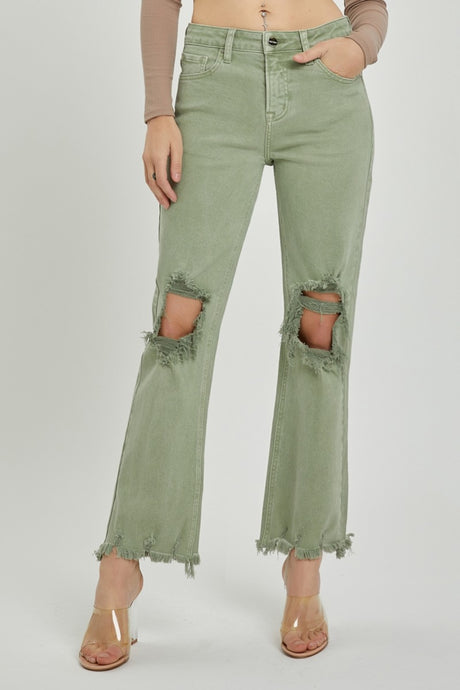 RISEN Distressed Chewed Raw Hem Flared Leg Green Denim Jeans