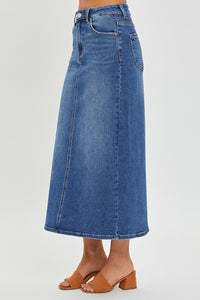 RISEN High Rise Back Slit Blue Denim Skirt