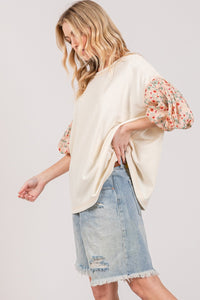 SAGE + FIG Solid Floral Contrast Bubble Sleeve Oversized Top