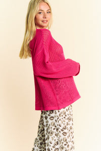 Davi & Dani Star Pink Front Crochet Drop Shoulder Knit Top