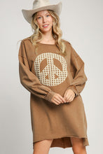 Carregar imagem no visualizador da galeria, Umgee Brown Peace Lace Applique Frayed Hem French Terry Mini Dress
