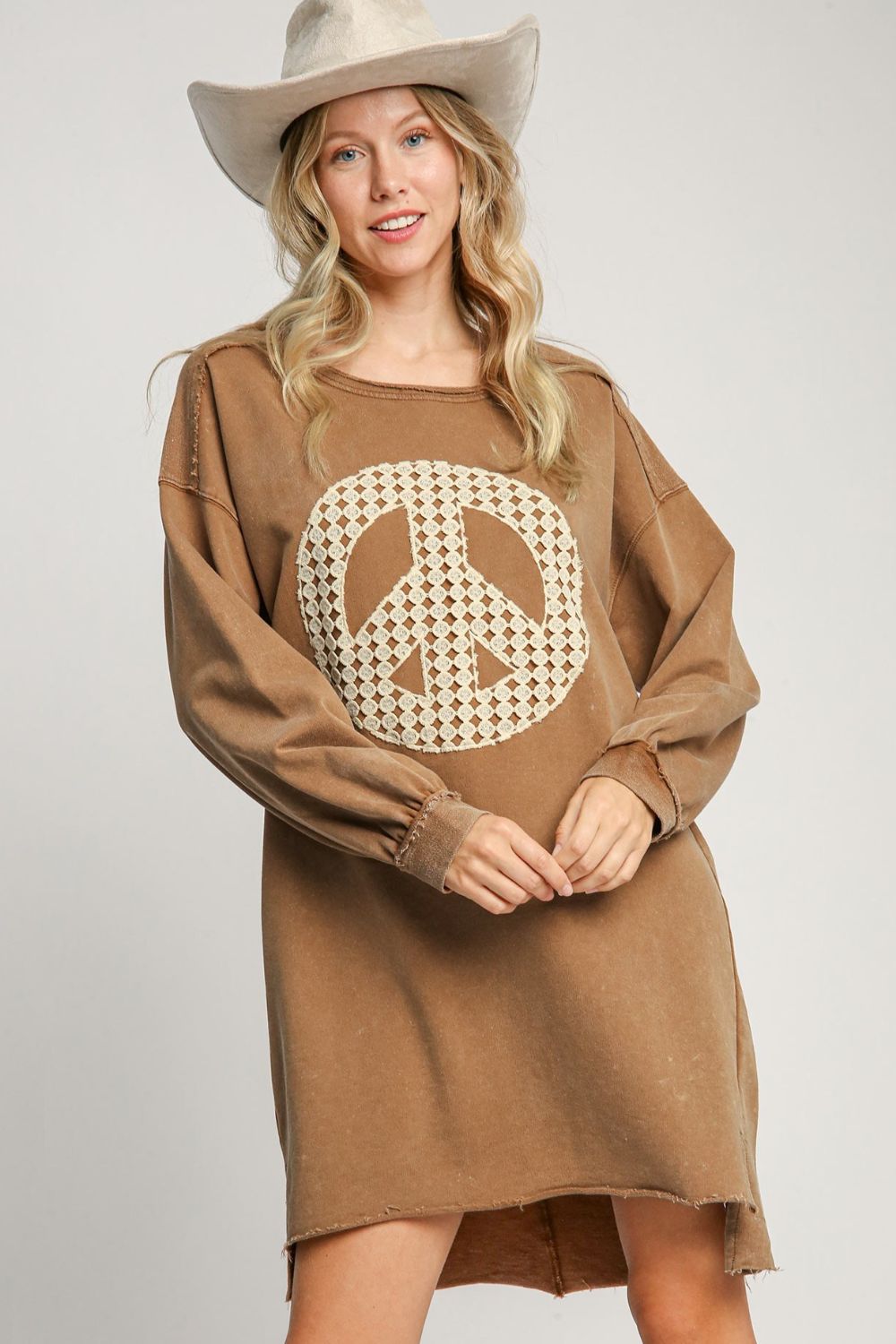 Umgee Brown Peace Lace Applique Frayed Hem French Terry Mini Dress