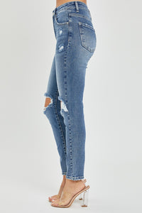 Risen High Rise Knee Distressed Skinny Blue Denim Jeans