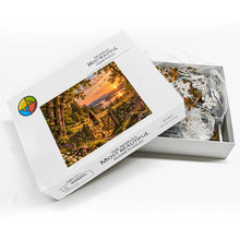 Cargar imagen en el visor de la galería, READY 500 piece puzzle featuring a woman walking through an open gate toward a glowing landscape with wildflowers, trees, deer, a rabbit, and birds.
