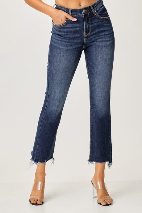 Risen Frayed Hem Cropped Blue Denim Straight Leg Jeans