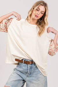 SAGE + FIG Solid Floral Contrast Bubble Sleeve Oversized Top