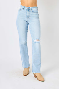 Judy Blue High Waisted Distressed Straight Leg Blue Denim Jeans