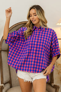 BiBi Plaid Button Down Dolman Sleeve Top