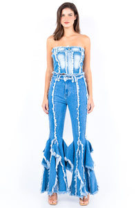 American Bazi Frayed Edge Blue Washed Denim Corset Top