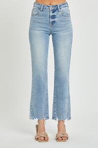 RISEN High Rise Raw Hem Blue Wash Denim Straight Leg Jeans