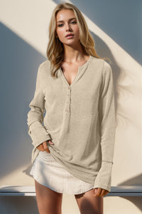 Double Take Solid Color Notched Thumbhole Long Sleeve Top