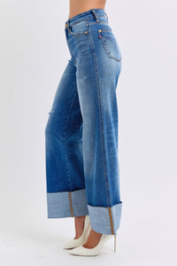 Judy Blue Distressed High Waist Wide Leg Blue Denim Jeans