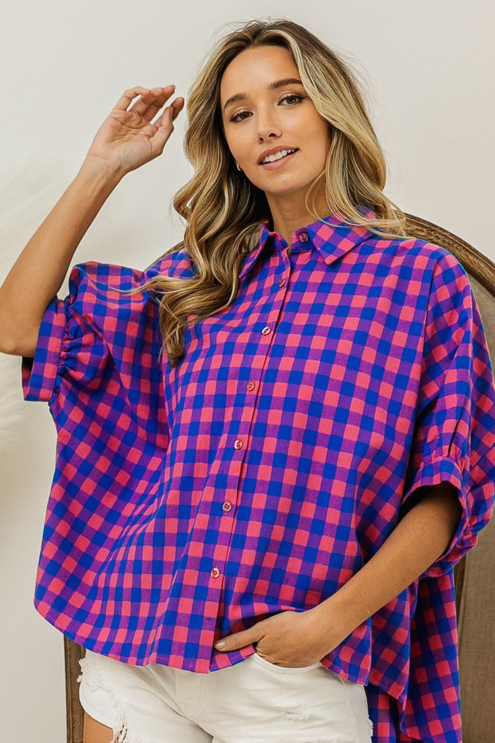 BiBi Plaid Button Down Dolman Sleeve Shirt