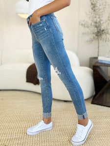 Judy Blue Mid Rise Distressed Cuffed Blue Denim Skinny Jeans