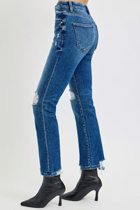 RISEN High Rise Distressed Crop Straight Leg Blue Denim Jeans