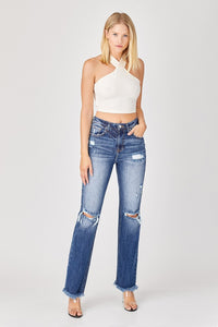 Risen Raw Hem Distressed Denim Straight Leg Jeans