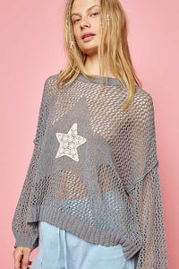 POL Star Patch Long Sleeve Netted Knit Top