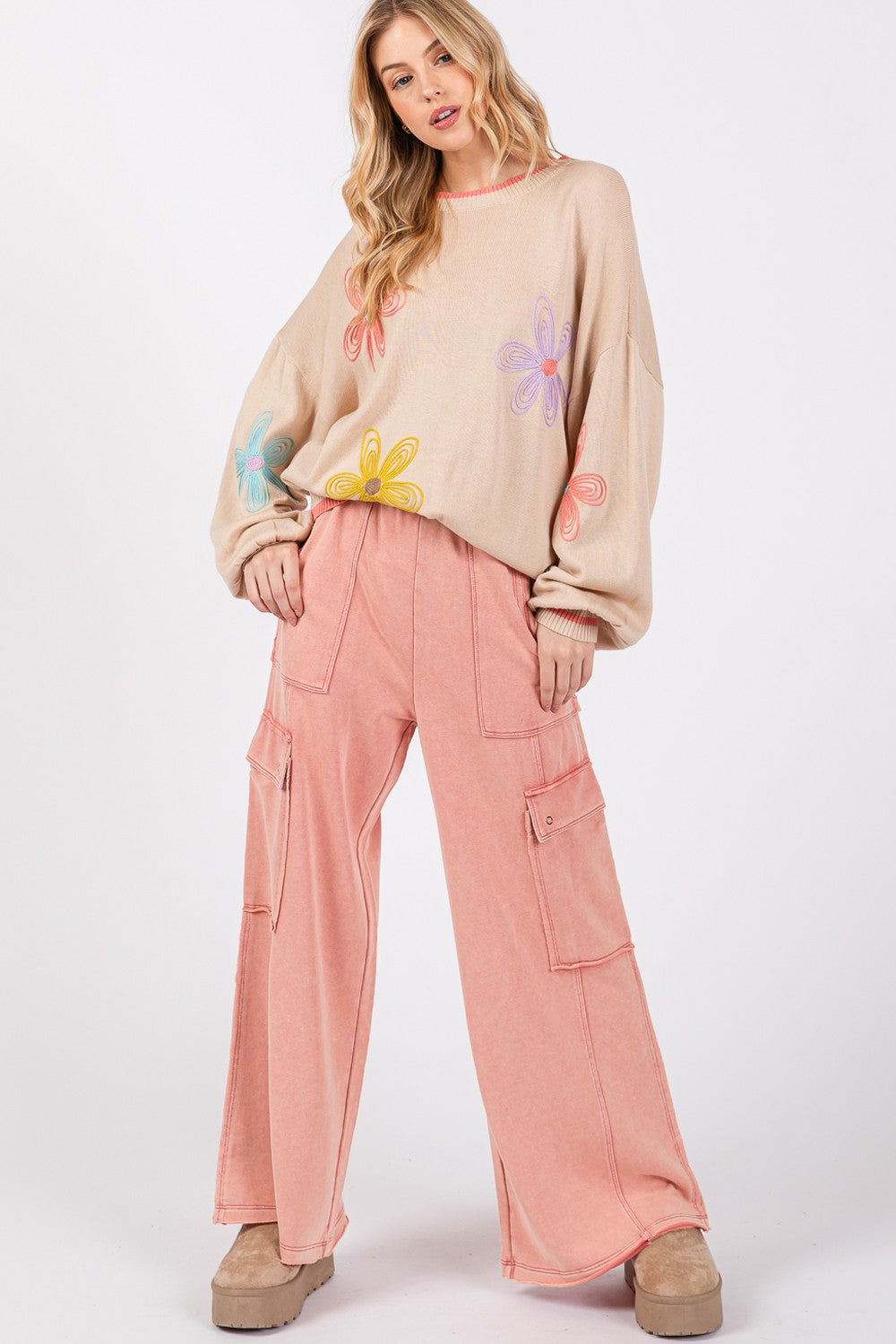 SAGE + FIG Rose Pink Mineral Washed Terry Knit Wide Leg Pants