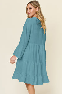 Double Take Solid Color Textured Tiered Ruffle Hem Dress