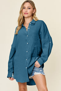 Double Take Textured Color Block Button Down Shirt