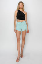 Cargar imagen en el visor de la galería, RISEN Mid Rise Raw Frayed Hem Mint Green Denim Jean Shorts
