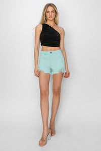 RISEN Mid Rise Raw Frayed Hem Mint Green Denim Jean Shorts