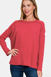 Zenana Red Exposed Seam Brushed Knit Top