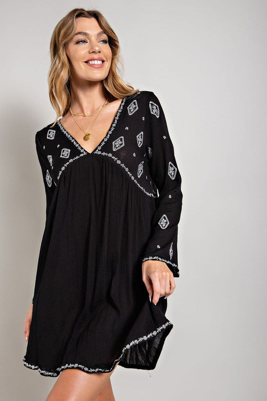 Sweet Generis Black Bohemian Embroidered Mini Dress