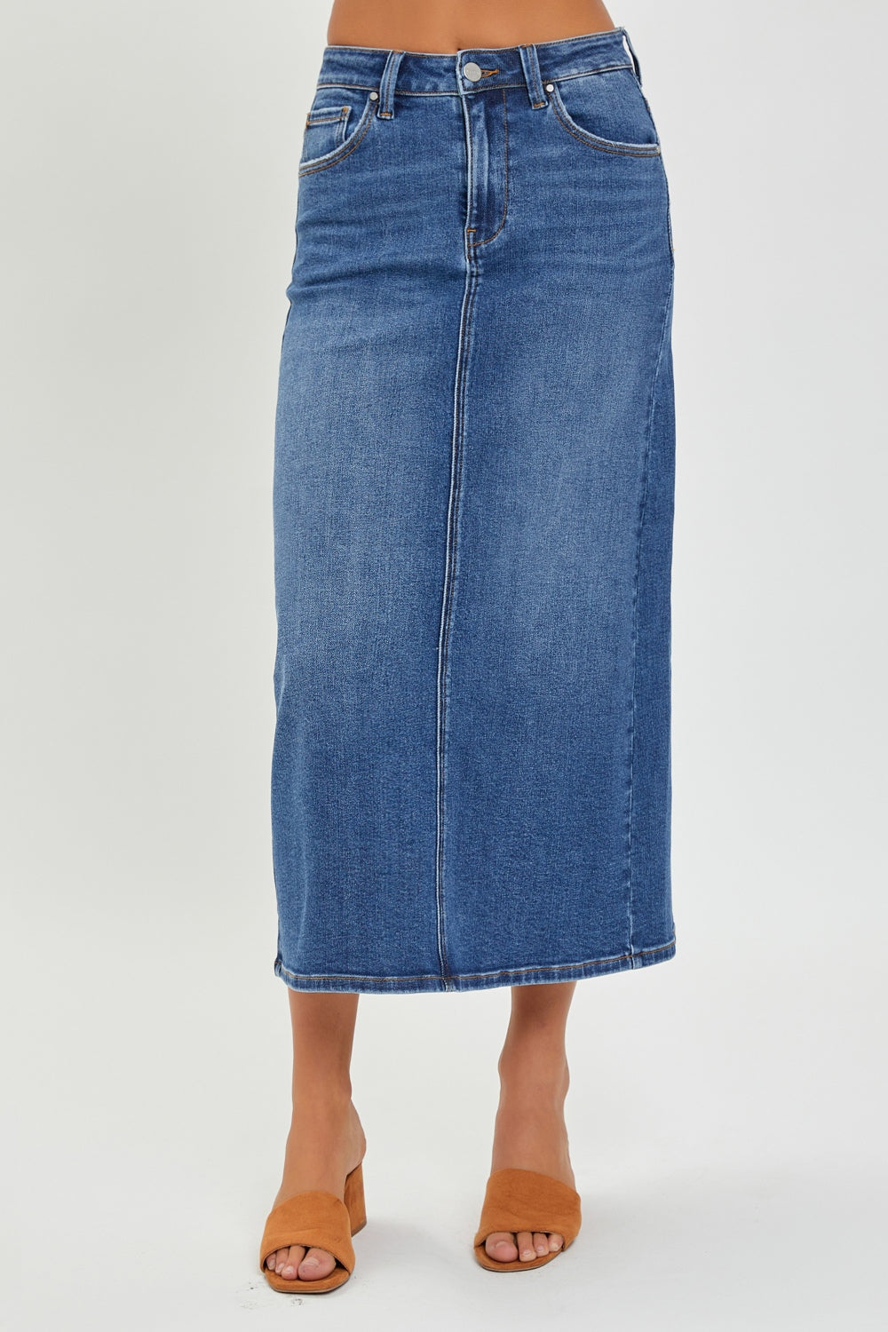 RISEN High Rise Back Slit Blue Denim Skirt