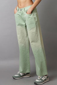 POL Green Gradient Rhinestone Embellished Wide Leg Pants