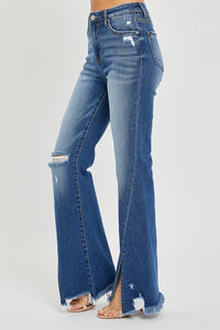 RISEN High Rise Front Slit Frayed Hem Flared Leg Blue Wash Denim Jeans