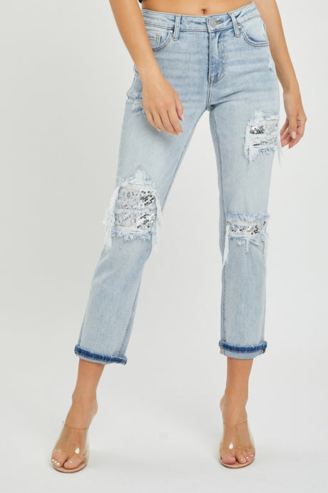 RISEN Mid Rise Sequin Patched Blue Denim Jeans