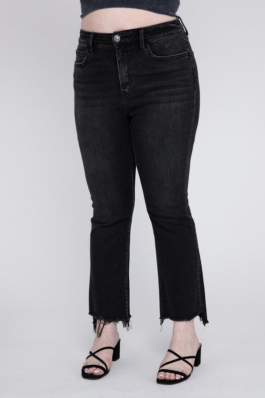 Vervet Black Plus Size High Waisted Chewed Raw Hem Flared Leg Denim Jeans