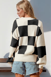 Double Take Checkered Dropped Shoulder Knit Cardigan