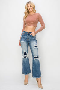 Risen Distressed Ankle Flare Blue Washed Denim Jeans