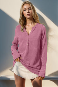 Double Take Solid Color Notched Thumbhole Long Sleeve Top