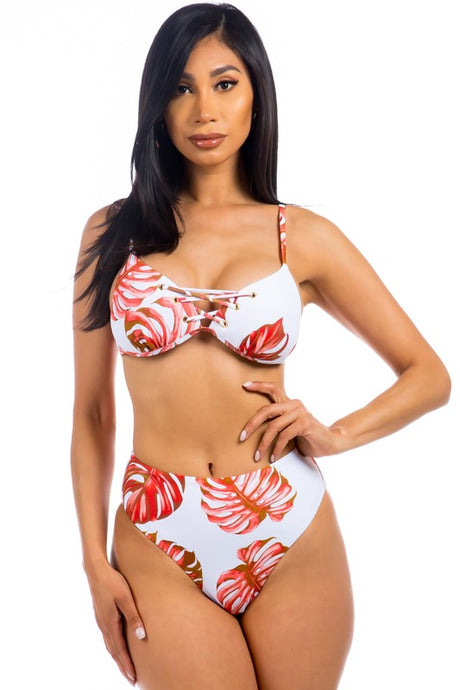 Mermaid Swimwear Red Tropical Leaves Lace Up High Waisted Two Piece Bikini Set