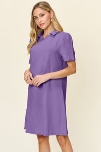 Double Take Solid Color Textured Collared Short Sleeve Dress