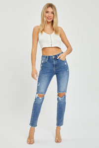 Risen High Rise Knee Distressed Skinny Blue Denim Jeans