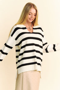 Davi & Dani Striped Notched Johnny Collar Sweater