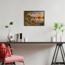 Carica l'immagine nel visualizzatore di Gallery, Uncharted 500 piece wooden jigsaw puzzle featuring a woman stepping into a boat with a map on a peaceful lake at sunrise.
