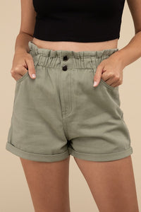 Love Tree Double Buttoned Paper Bag Waistband Denim Shorts