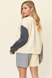 Double Take Color Block Contrast Drop Shoulder Loungewear Set