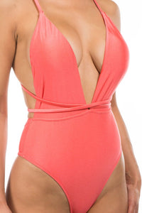 Mermaid Swimwear Crisscross Tie Back Deep V One Piece Swimsuit